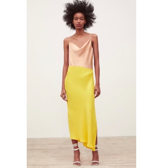 yellow satin dress zara